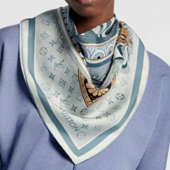 Silk Scarf – "1, Rue Scribe Paris" Print, Blue & Gray Tones - Picture 1 of 4